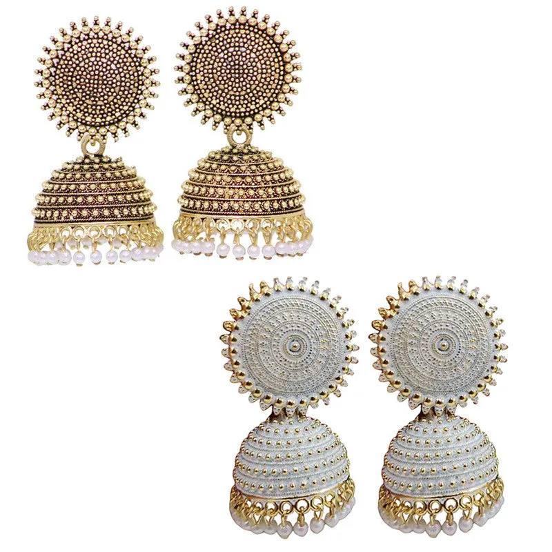 Combo of 2 White and Golden Pearls Dome Shape Jhumki