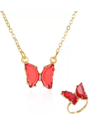 Combo of Red Crystal Butterfly Pendant With Ring