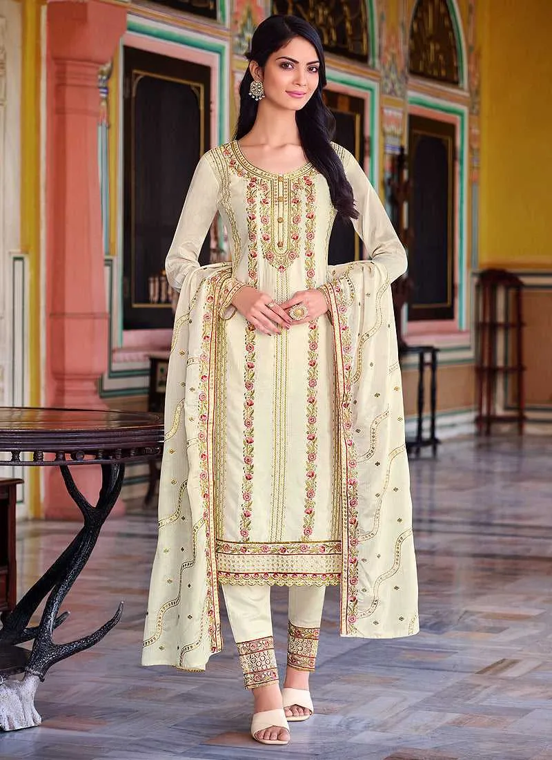 Cream Embroidered Stylish Straight Pant Suit