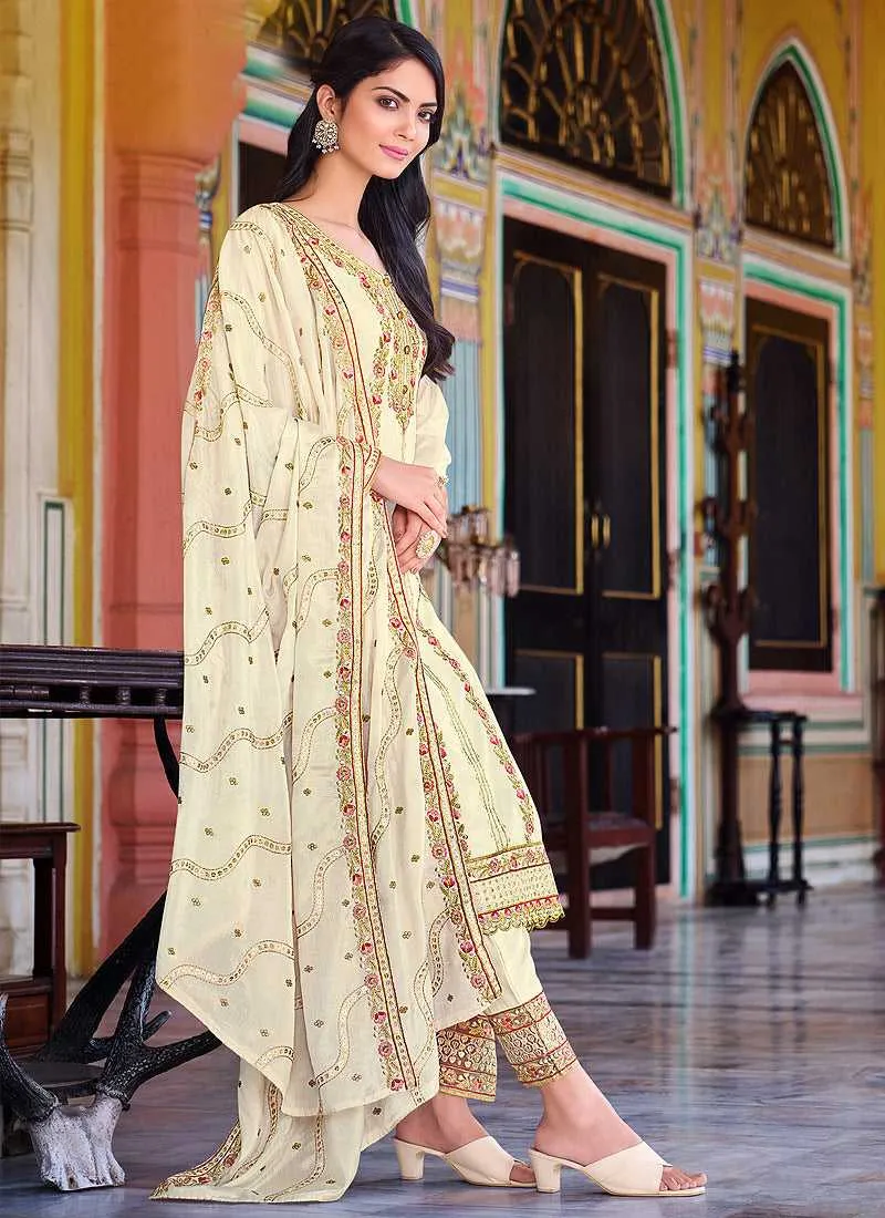 Cream Embroidered Stylish Straight Pant Suit