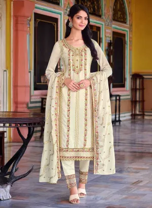 Cream Embroidered Stylish Straight Pant Suit