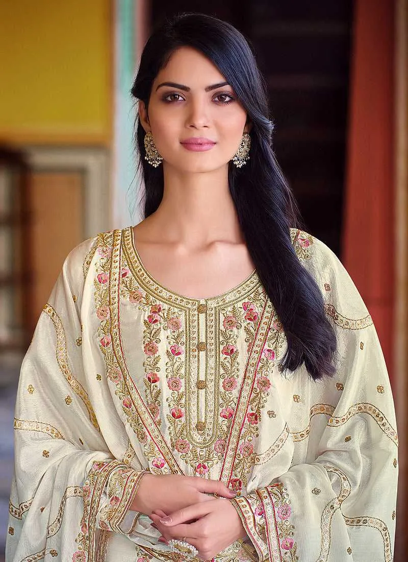 Cream Embroidered Stylish Straight Pant Suit