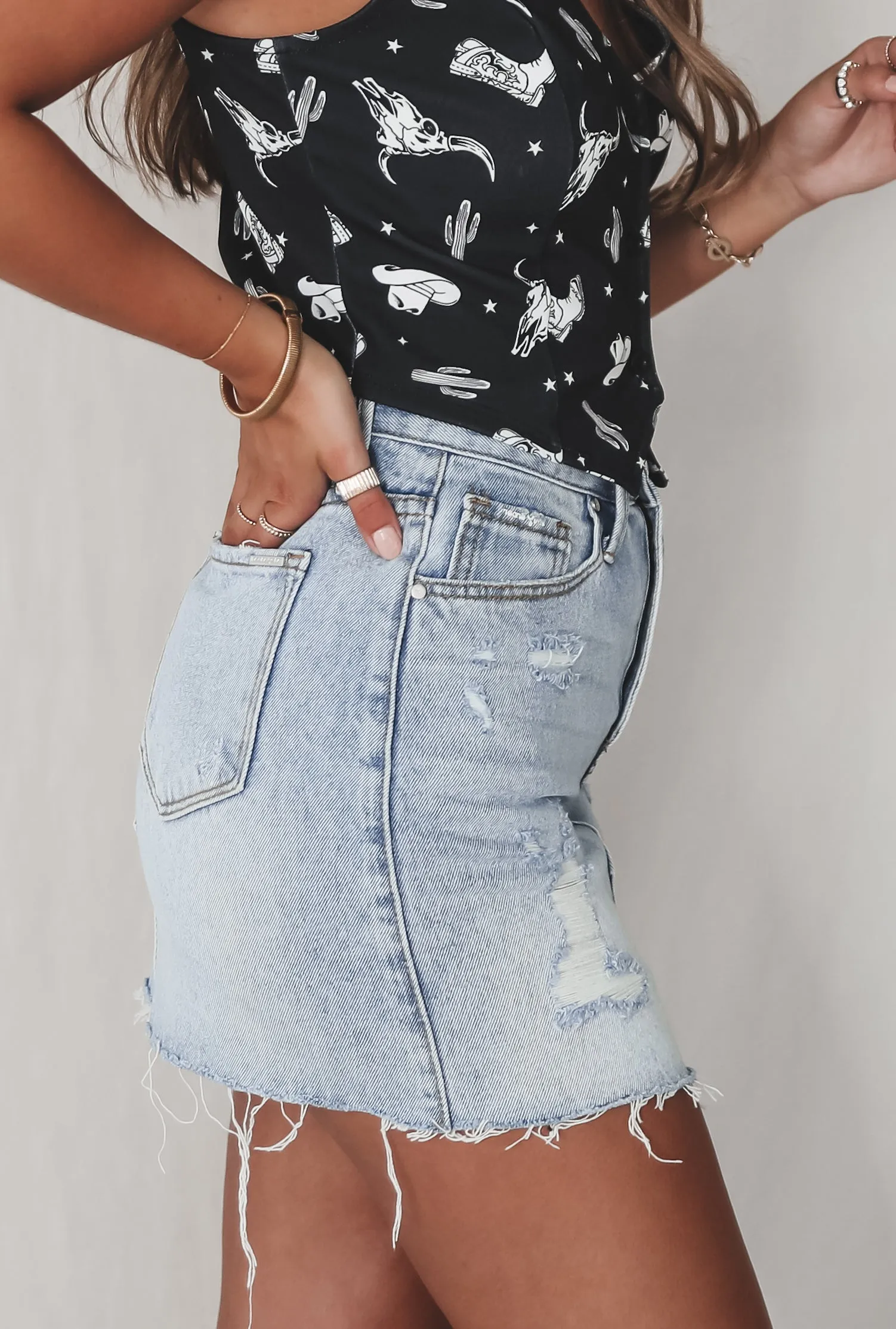 DEAL Cooler Than The Average Denim Distressed Mini Skirt