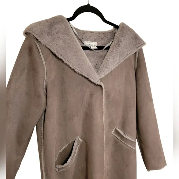 For the Republic Long Length Faux Suede Fur Lined Coat with Hood Gray Size Small