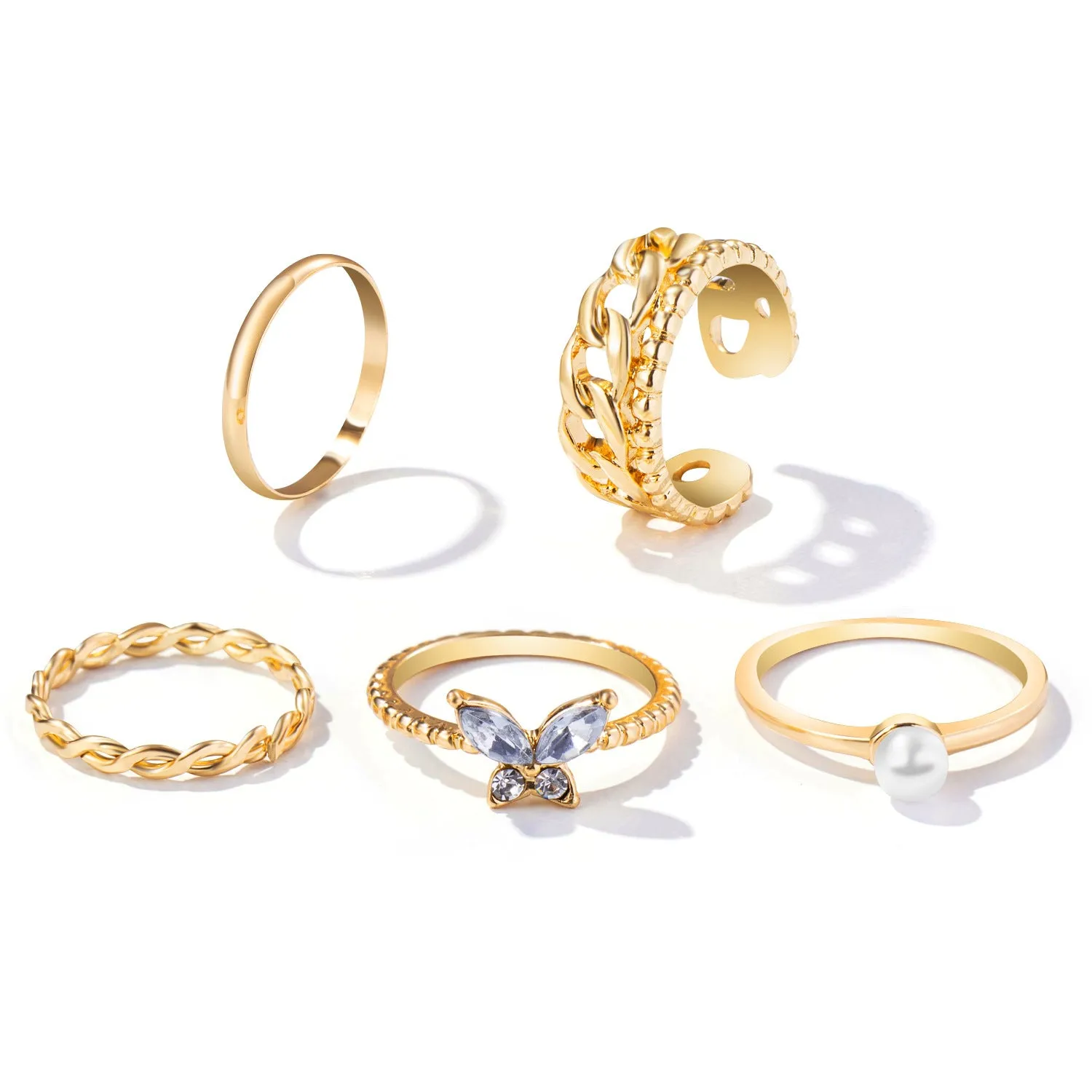 Gold Plated 5 Piece Pearl Butterfly Chain Ring Set