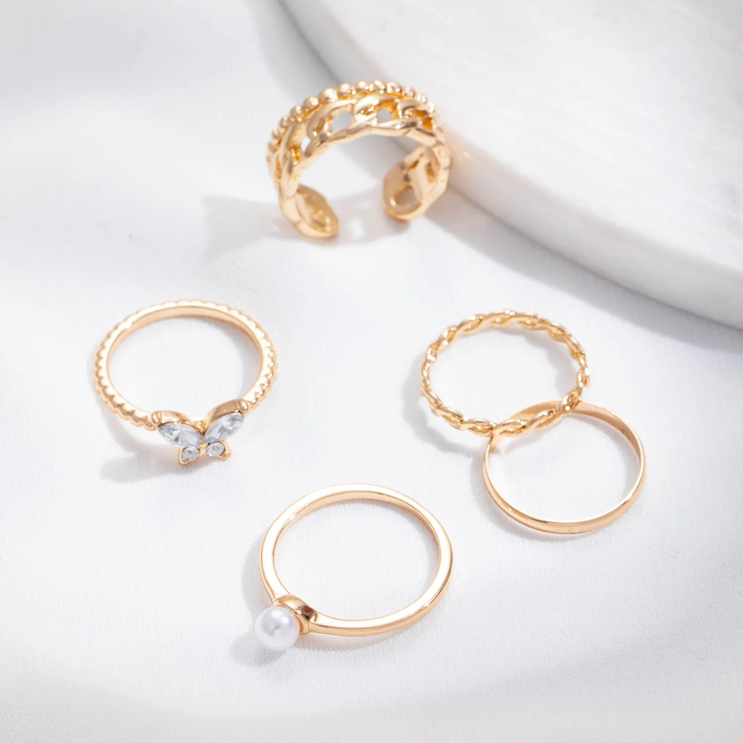 Gold Plated 5 Piece Pearl Butterfly Chain Ring Set