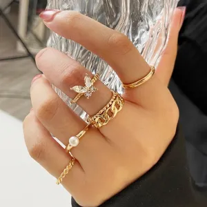 Gold Plated 5 Piece Pearl Butterfly Chain Ring Set