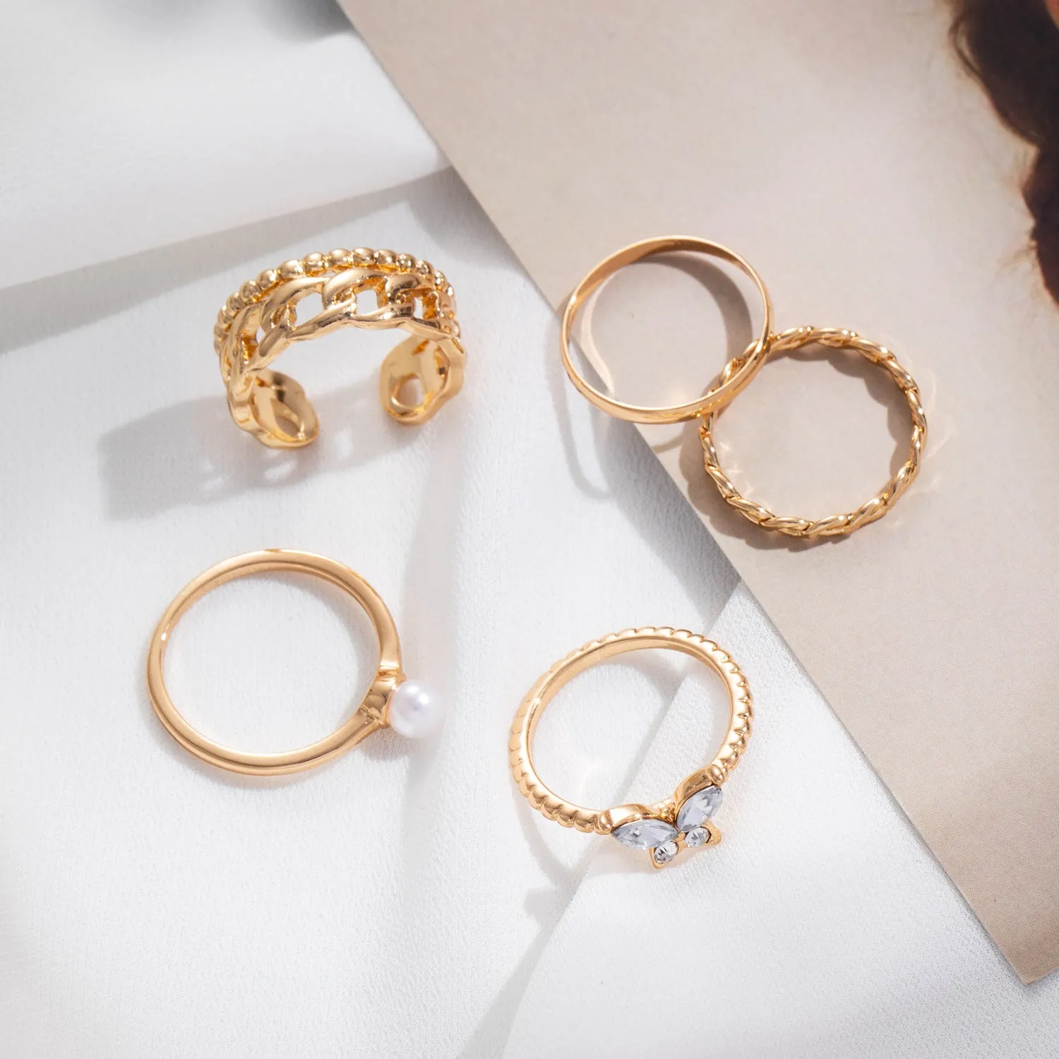 Gold Plated 5 Piece Pearl Butterfly Chain Ring Set