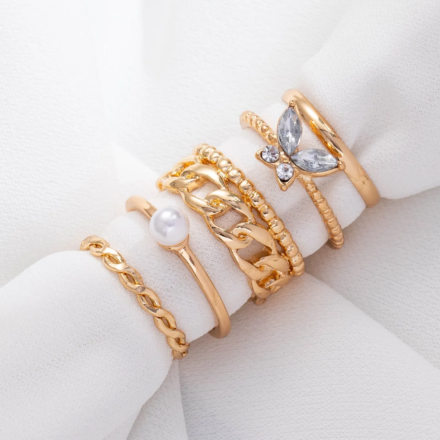 Gold Plated 5 Piece Pearl Butterfly Chain Ring Set