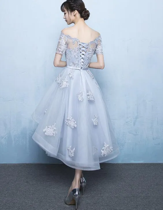 Grey High Low Stylish Applique Homecoming Dress, Cute Party Dresses, High Low Formal Dress