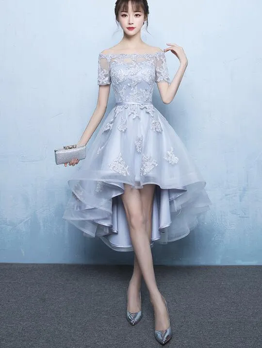 Grey High Low Stylish Applique Homecoming Dress, Cute Party Dresses, High Low Formal Dress