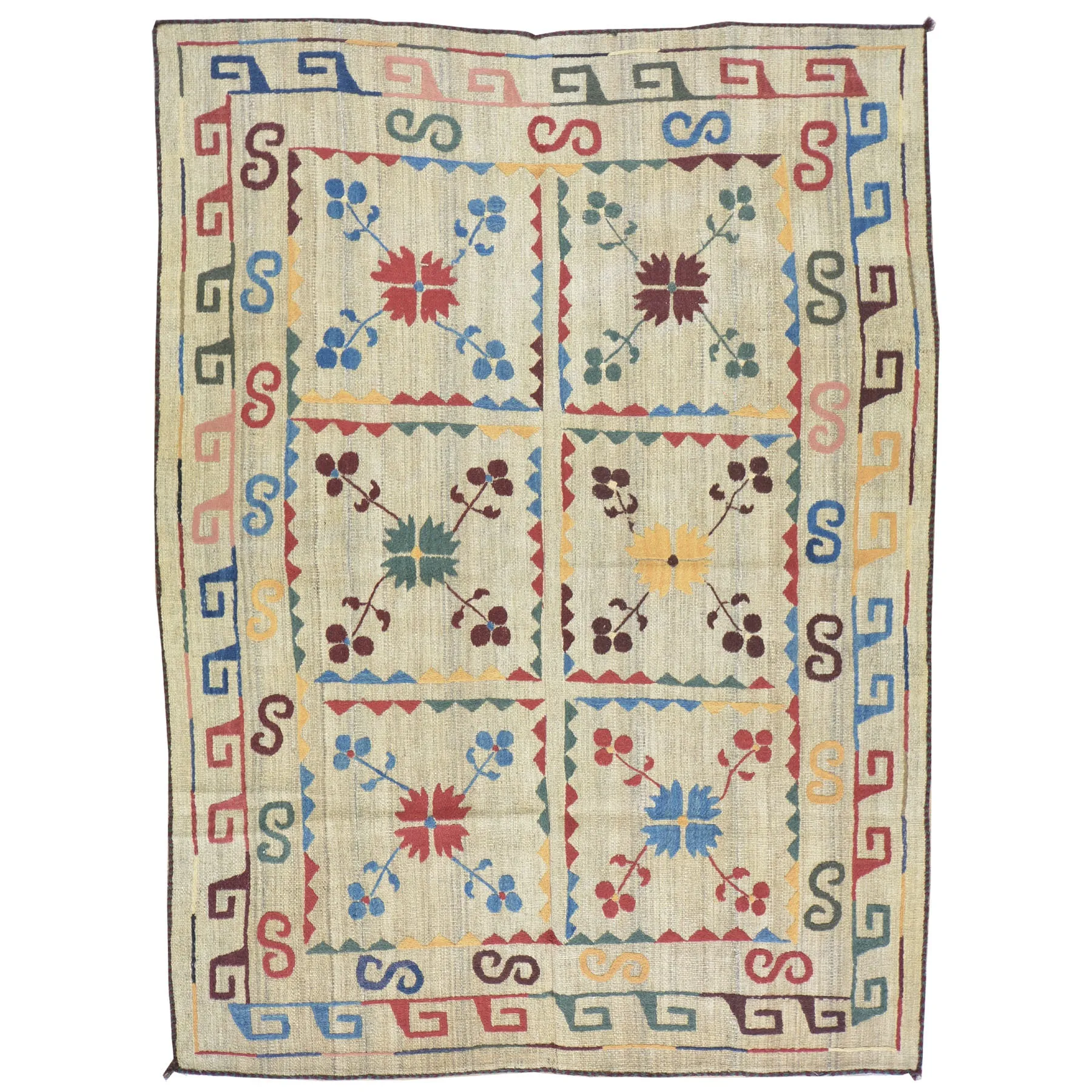 Hand-Woven Suszani Afghan Floral Handmade Wool Flatweave Rug (Size 4.6 X 6.1) Cwral-1059