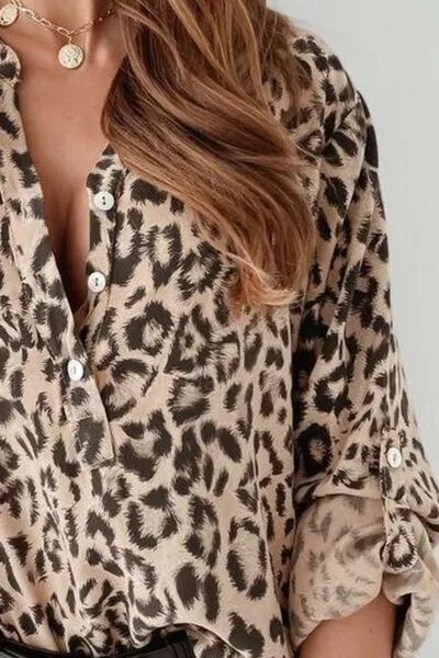 Hazel Blues® |  Leopard Button Detail Notched Long Sleeve Blouse
