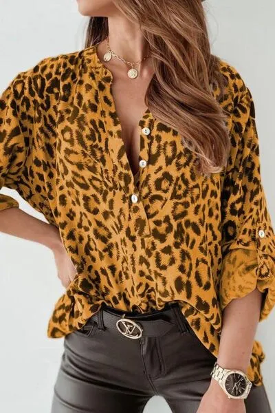 Hazel Blues® |  Leopard Button Detail Notched Long Sleeve Blouse
