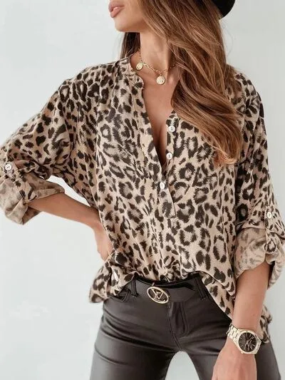 Hazel Blues® |  Leopard Button Detail Notched Long Sleeve Blouse