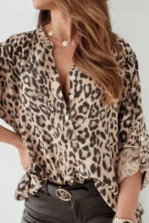 Hazel Blues® |  Leopard Button Detail Notched Long Sleeve Blouse