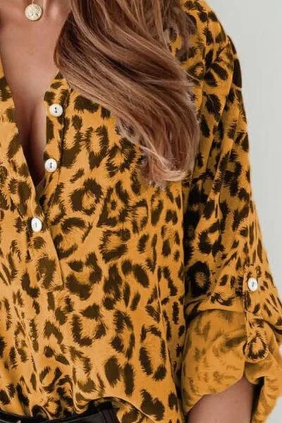 Hazel Blues® |  Leopard Button Detail Notched Long Sleeve Blouse