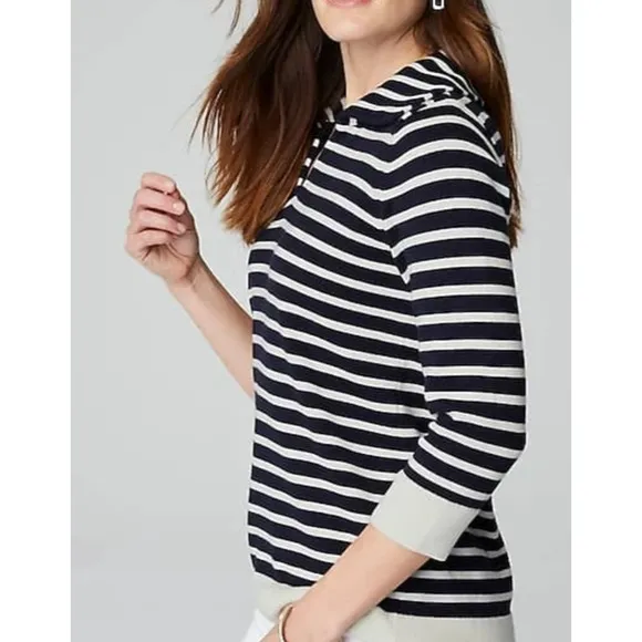 J Jill Collared Pullover Sweater XL Striped Navy Blue Cream V Neck Nautical NWT