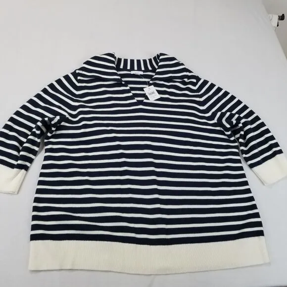 J Jill Collared Pullover Sweater XL Striped Navy Blue Cream V Neck Nautical NWT