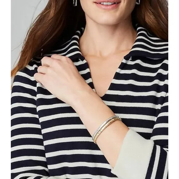 J Jill Collared Pullover Sweater XL Striped Navy Blue Cream V Neck Nautical NWT