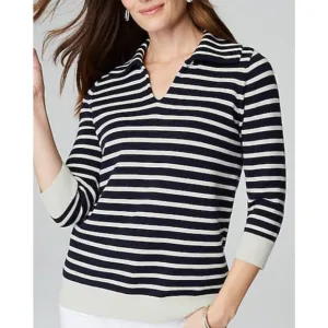J Jill Collared Pullover Sweater XL Striped Navy Blue Cream V Neck Nautical NWT