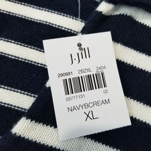 J Jill Collared Pullover Sweater XL Striped Navy Blue Cream V Neck Nautical NWT