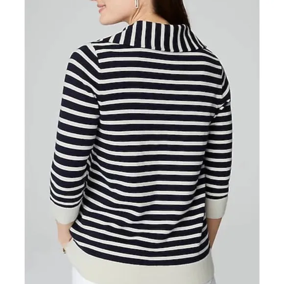 J Jill Collared Pullover Sweater XL Striped Navy Blue Cream V Neck Nautical NWT