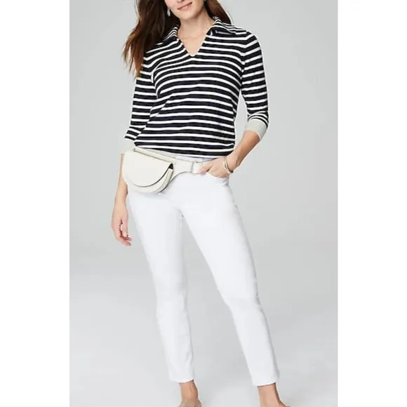 J Jill Collared Pullover Sweater XL Striped Navy Blue Cream V Neck Nautical NWT