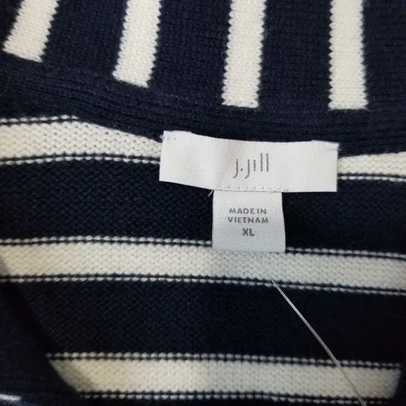 J Jill Collared Pullover Sweater XL Striped Navy Blue Cream V Neck Nautical NWT