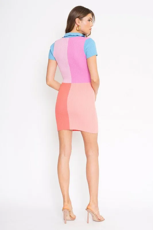 Lecroy Color Block Collared Ribbed Dress