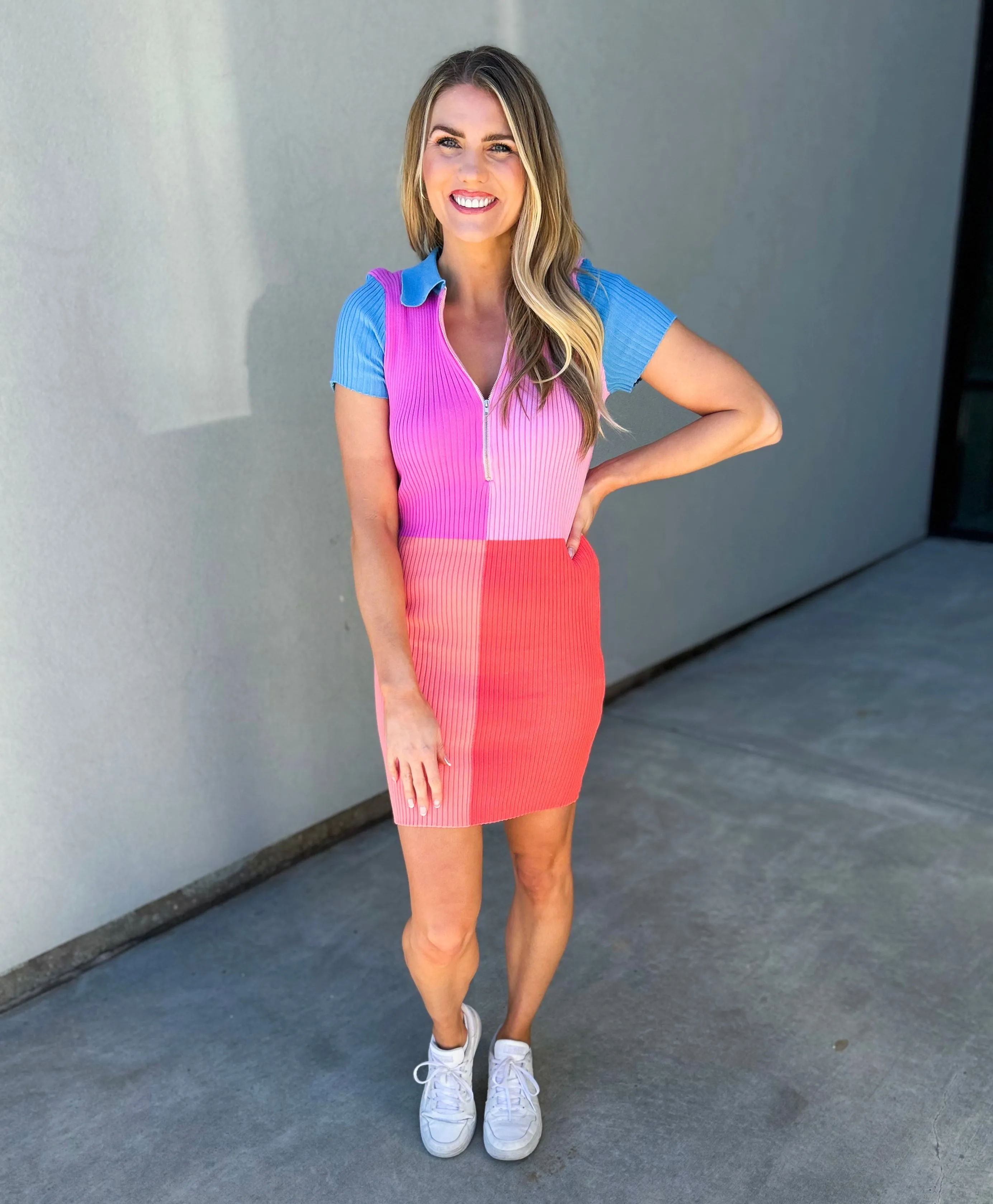 Lecroy Color Block Collared Ribbed Dress