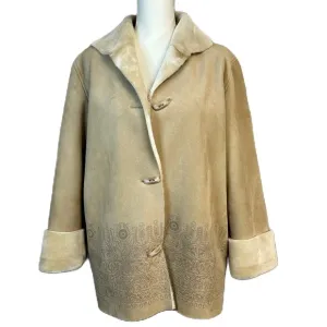 Liz Claiborne Faux Suede Jacket Coat Size M Buttons Sherpa Lined Pockets Classic