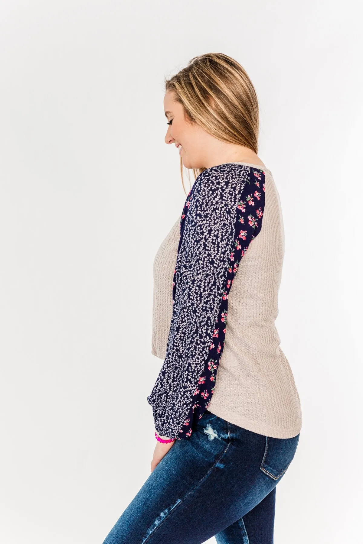 Lovely Little Thing Long Sleeve Top- Taupe and Navy