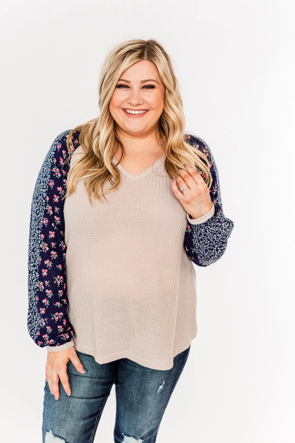 Lovely Little Thing Long Sleeve Top- Taupe and Navy