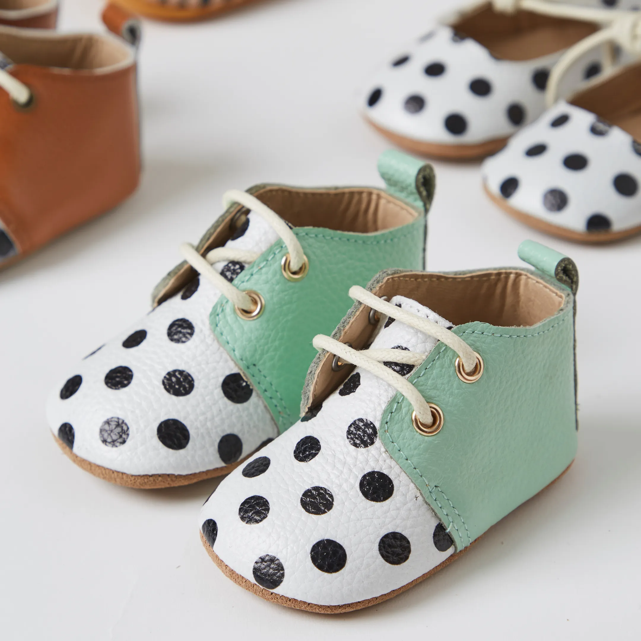 Luna Mint Polka Dot Spot Leather Oxfords