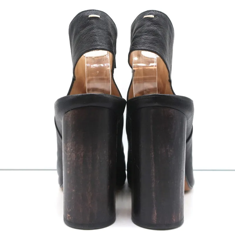 Maison Margiela Open Toe Booties Black Leather Size 37.5 Round Heel Slingback