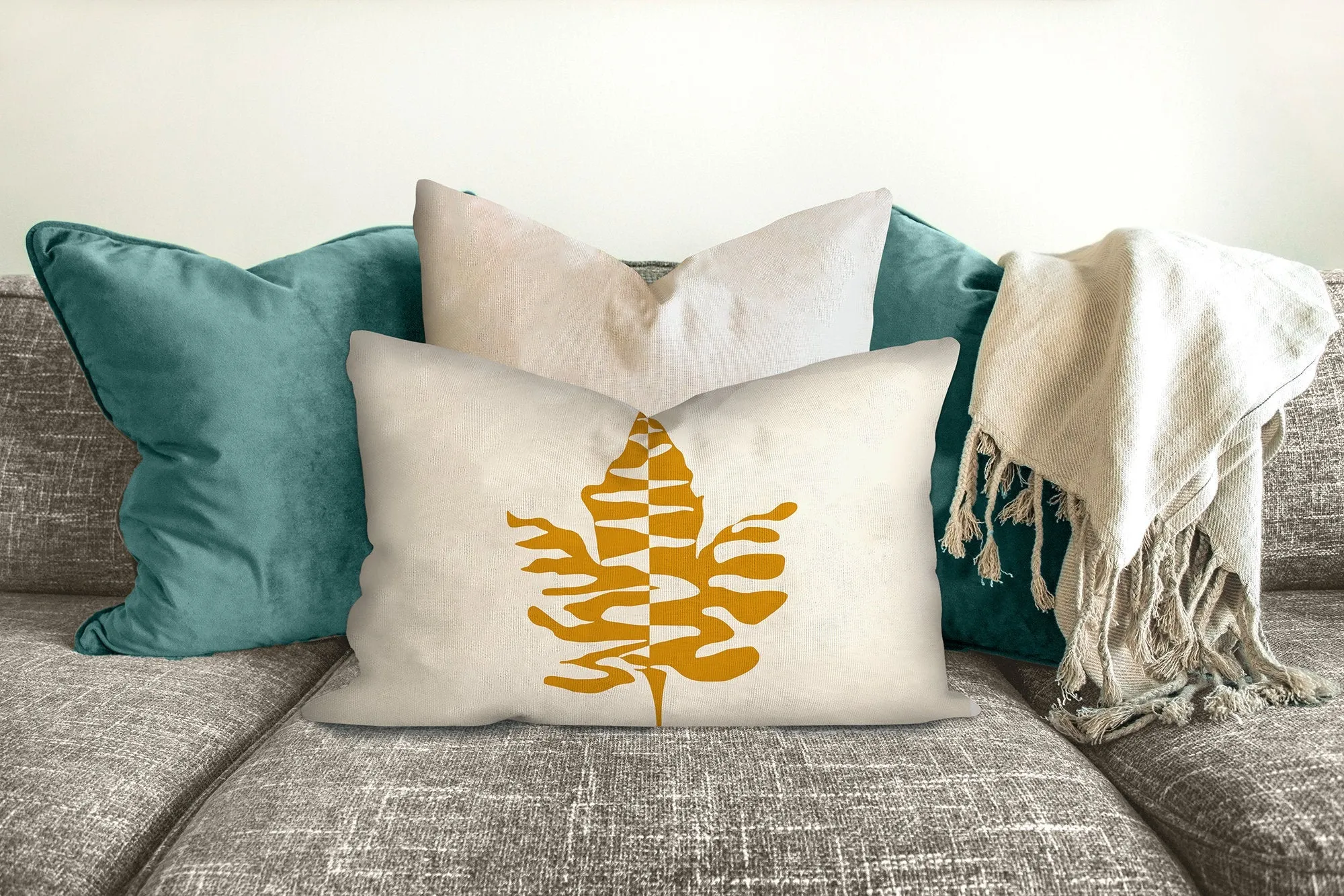 Maple leaf throw pillow, yellow and beige, fall decor, fall pillow, autumn, thanksgiving decor, home, pillow cover and insert, accent pillow