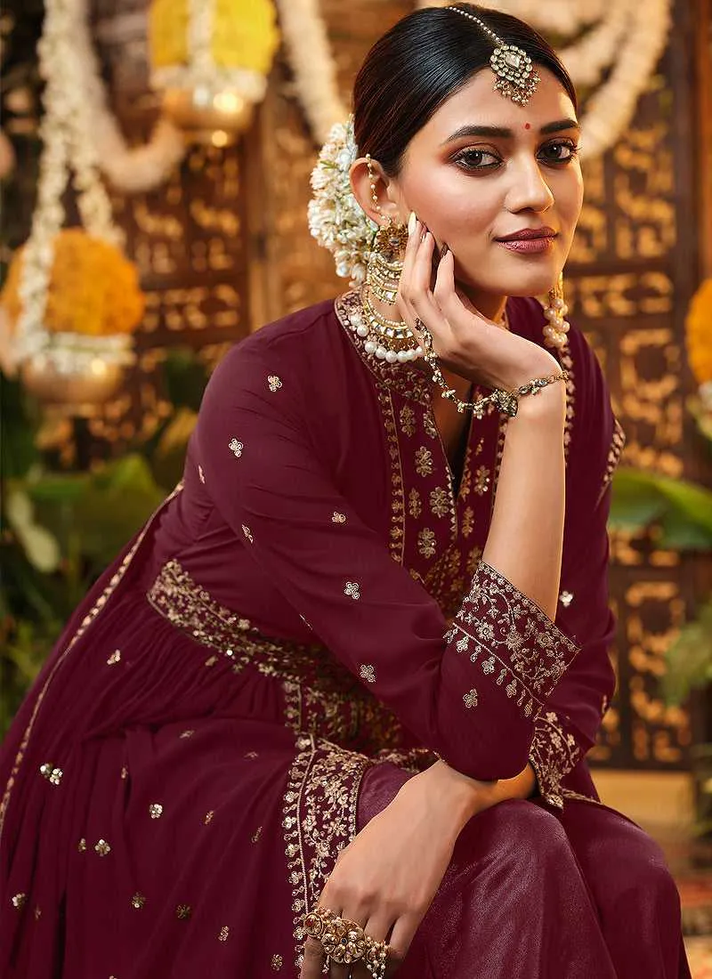 Maroon and Gold Heavy Embroidered Stylish Pant Style Suit