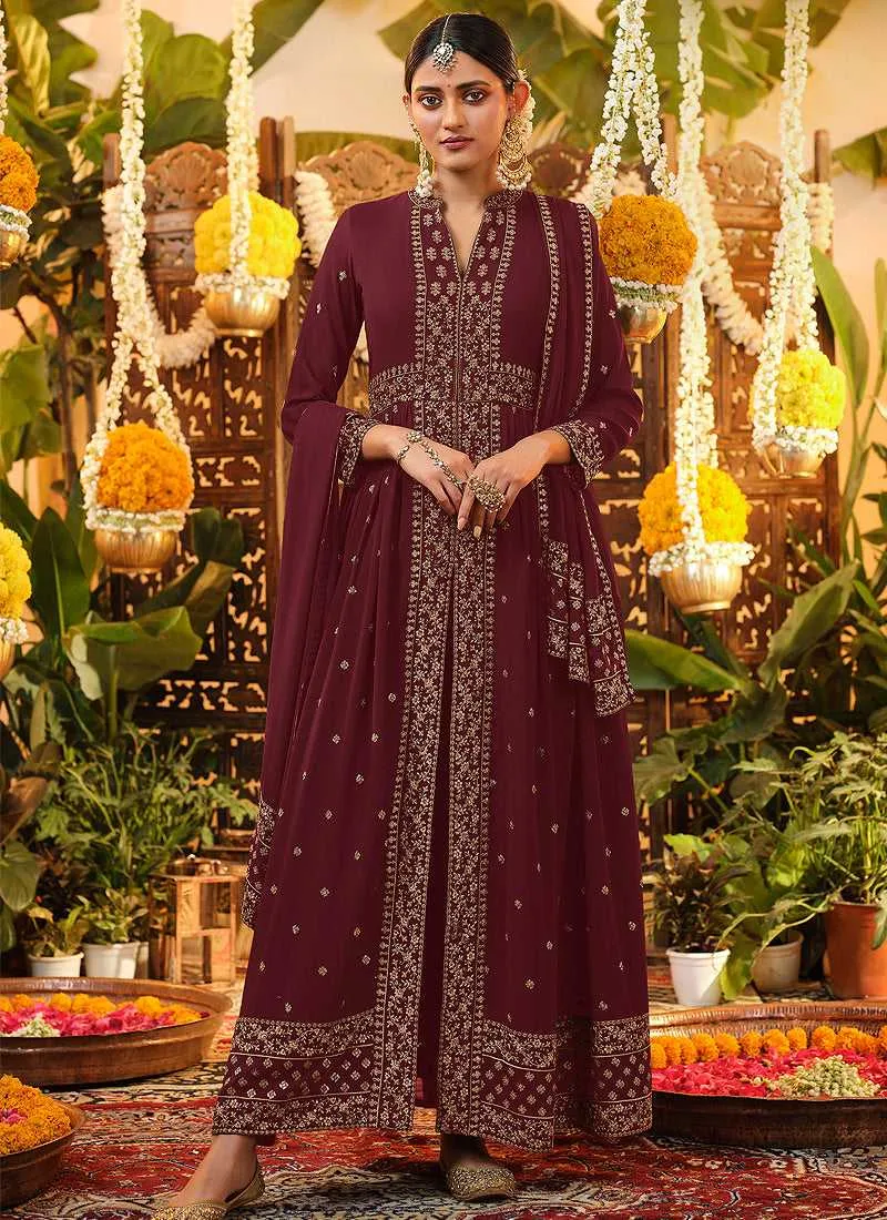 Maroon and Gold Heavy Embroidered Stylish Pant Style Suit