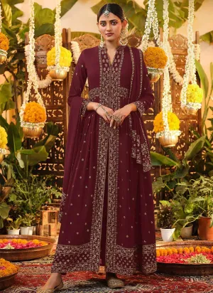 Maroon and Gold Heavy Embroidered Stylish Pant Style Suit