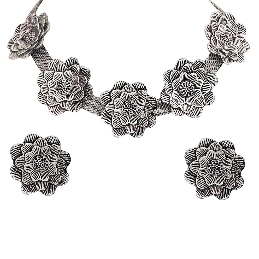 Oxidised Silver Flower Choker with Stud Earrings