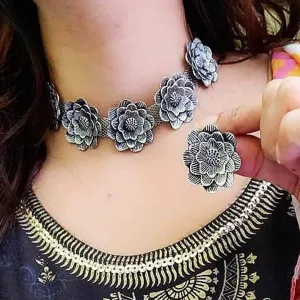 Oxidised Silver Flower Choker with Stud Earrings