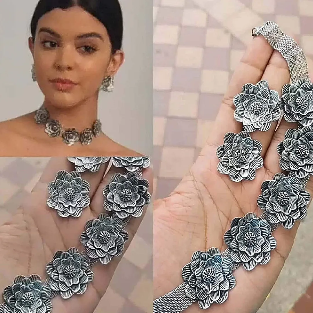 Oxidised Silver Flower Choker with Stud Earrings