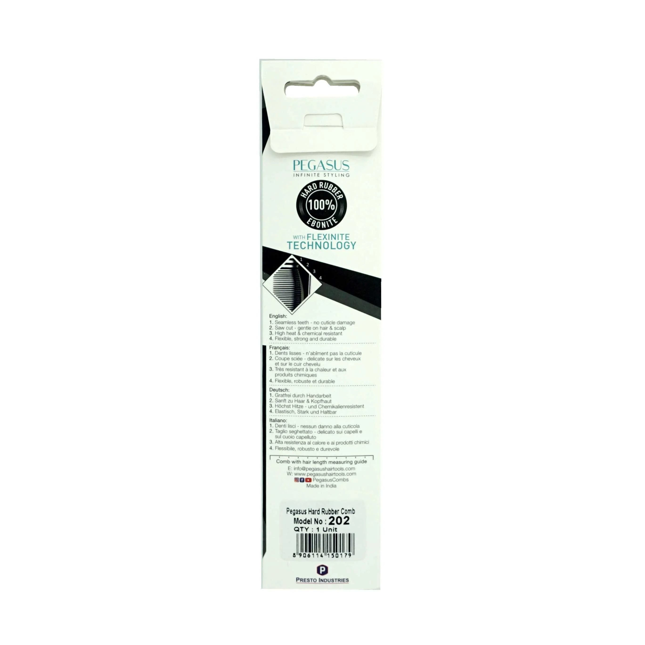 Pegasus 202, 7in Hard Rubber Hair Detangling/Trimmer Course Tooth Comb,  Seamless, Smooth Edges, Anti Static, Heat and Chemically Resistant, Everyday Grooming Comb | Peines de goma dura - Black