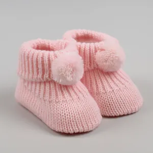 Pink Baby Booties with pom poms Newborn to 6 months