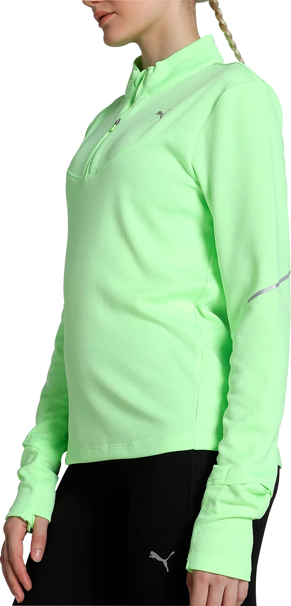 Puma Run Grid Fleece Half-Zip Long Sleeve Womens Running Top - Green