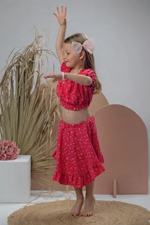 "Ophelie" Red Floral Bardot Top & Skirt