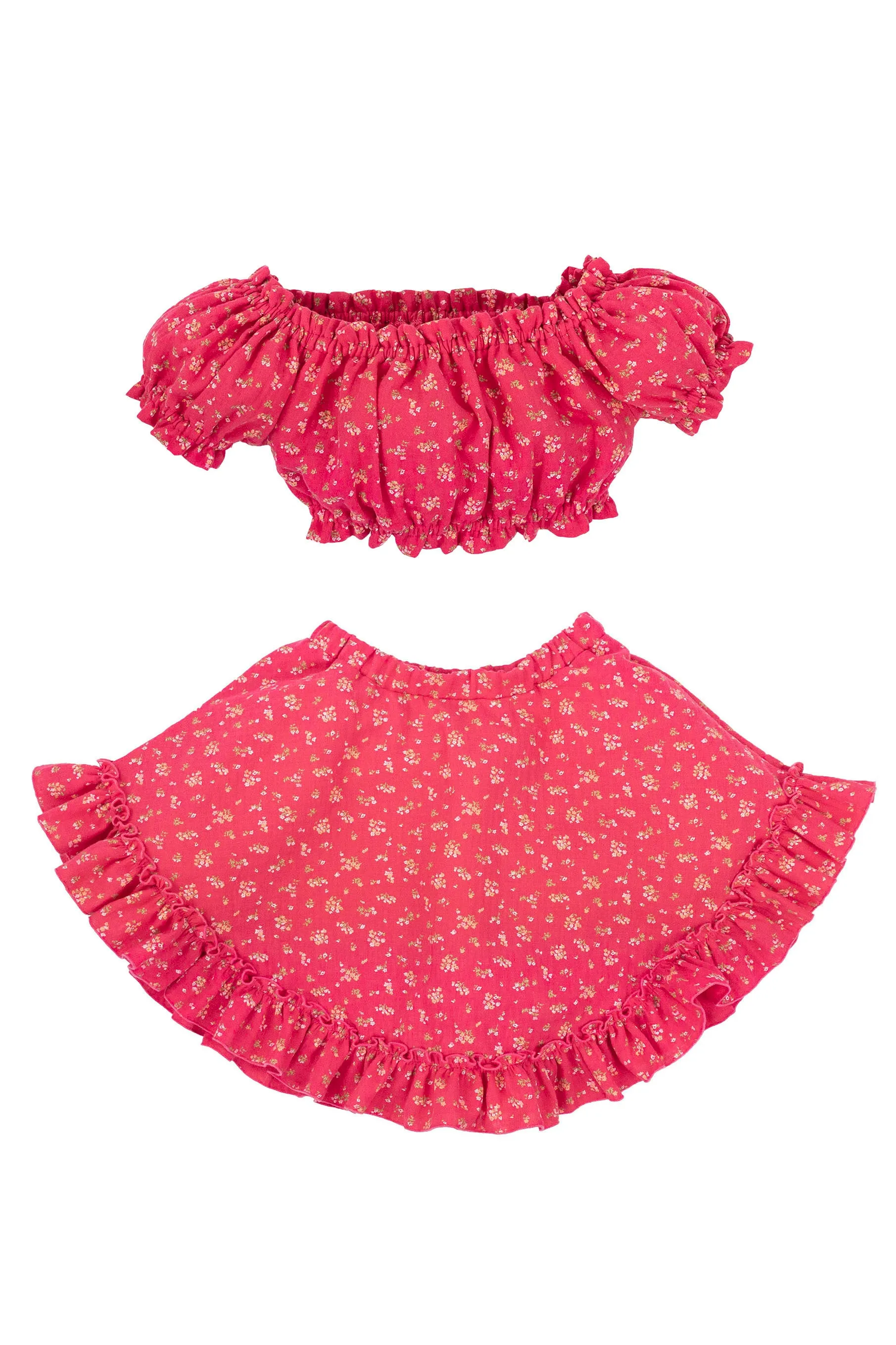 "Ophelie" Red Floral Bardot Top & Skirt