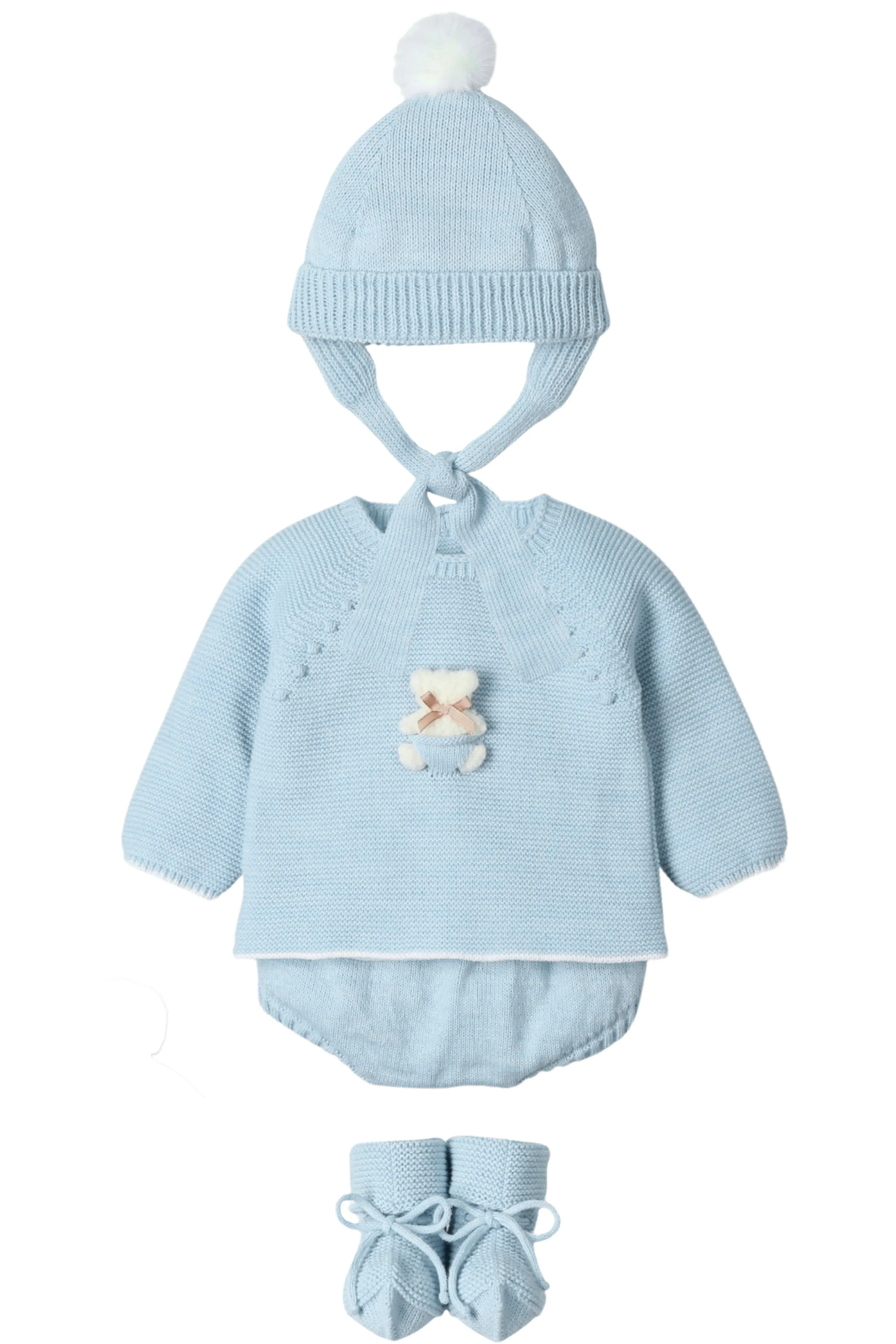 "Remi" Cloud Blue Knit Teddy Top, Bloomers, Hat & Booties