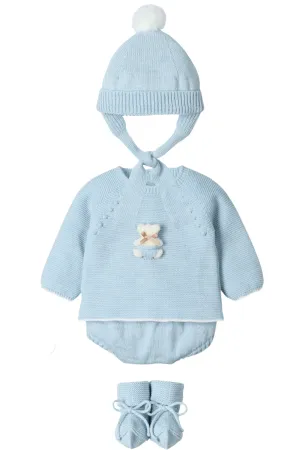 "Remi" Cloud Blue Knit Teddy Top, Bloomers, Hat & Booties